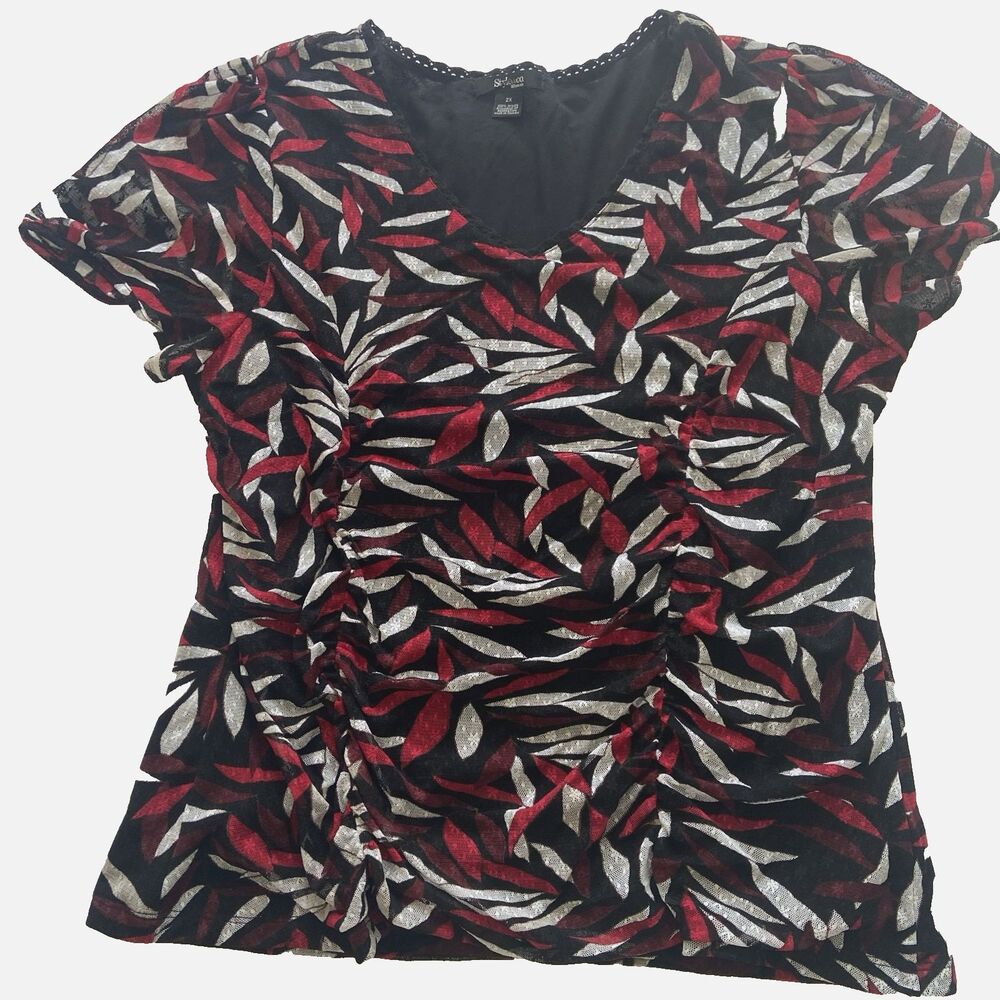 Style And Co Womens 2X Black Red Leaf Print V Neck Short Sleeve Blouse Top